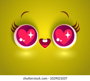 Vector illustration of cute face with hearts in eyes. Kawaii face with eyes and heart.
