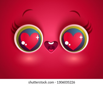 Vector illustration of cute face with hearts in eyes. Kawaii face with eyes and heart.