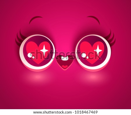 Vector illustration of cute face with hearts in eyes. Kawaii face with eyes and heart.