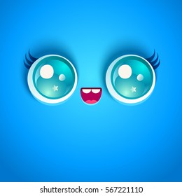 Vector illustration of cute face. Kawaii face with eyes.