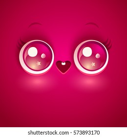 Vector illustration of cute face. Kawaii love face with eyes and heart