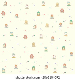 Ilustración vectorial de una cara linda y de la gente. Colección de empleos, hombres, mujeres, niños, niñas, figuras, profesión, uniforme, avatar, personaje y otros elementos. Aislado en el beige.