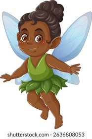 Vector illustration of a cute fairy with blue wings and a green dress, showcasing a playful and whimsical style