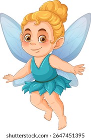 Vector illustration of a cute fairy with blue wings and blonde hair. Bright colors and playful design enhance the whimsical theme