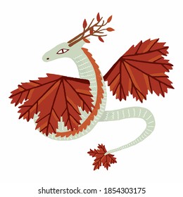 Vector illustration. Cute fairy character autumn dragon. Hand drawn. Isolated on white background.