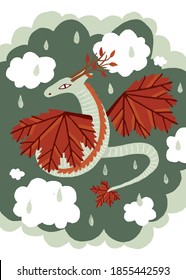 Vector illustration. Cute fairy character autumn dragon. Hand drawn. On sky cloud background. Rain.