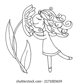 Vector illustration cute fairy girl Thumbelina in a floral doodle flowers. Coloring book page.
