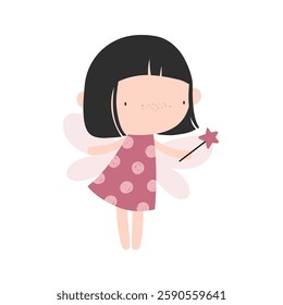 Vector illustration cute fairy girl with wings in dress with magic wand. Cartoon princess fairy. Delicate illustration for girls. Fairy character. Magic.