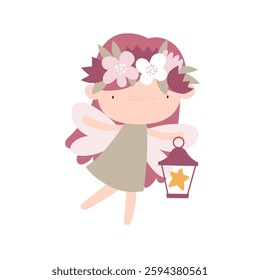 Vector illustration cute fairy girl with wings in a dress with a wreath of flowers on her head holding a lamp . Cartoon forest princess fairy. Delicate illustration for girls. Magic.