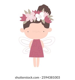 Vector illustration cute fairy girl with wings in a dress with a wreath of flowers on her head. Cartoon forest princess fairy. Delicate illustration for girls. Magic.