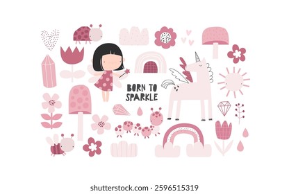 Vector illustration of cute fairy girl with wings with magic wand, unicorn, flowers, mushrooms, rainbow, clouds, sun, hearts, ladybug, bee, caterpillar. Cute delicate pink girly set. Little princess. 