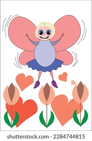 Vector illustration of a cute fairy with pink wings. fairy, cute, wings. Tulips and hearts under the fairy. Cute girly theme, childish, playful, cheerful.