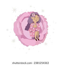 Vector illustration of a cute fairy in pink flowers. Suitable for printing posters, stickers, cards and much more