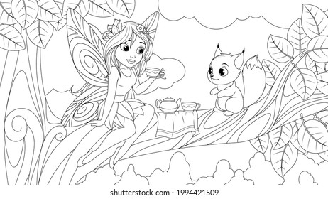 Vector illustration, a cute fairy sits on a tree and treats a baby squirrel with tea, coloring book.