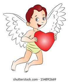 Vector illustration of cute fairyboy holding a red heart.