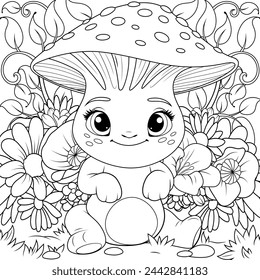 Vector illustration, cute fairy-tale character that looks like a mushroom, coloring book