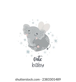 Vector illustration with a cute fairytale elephant. Suitable for printing posters, stickers, cards and more.