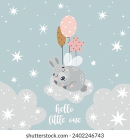 Vector illustration with a cute fairytale hare. Suitable for printing posters, stickers, cards and more.