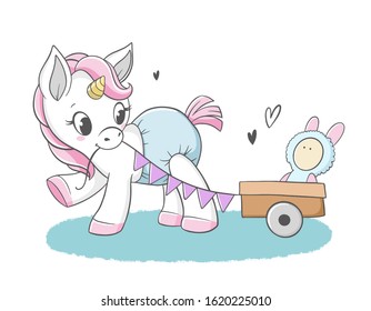 Vector illustration of a cute fairytale unicorn isolated on a white background. A little unicorn is carrying a toy cart. Beautiful design for children's things.