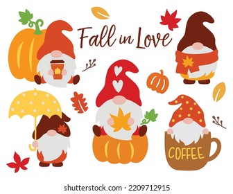 Vector illustration of cute fall autumn gnomes with pumpkins, maple leaves, umbrella, and coffee.