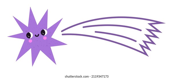 Vector illustration of cute falling star with face expression. Space element in cartoon style. Colorful futuristic object with texture