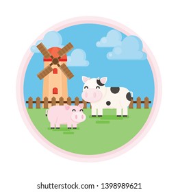 Vector illustration cute farm with cow, pig and windmill.