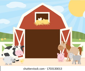 A vector illustration of a cute farm scene of animals in front of a barn with open doors in a sunny field