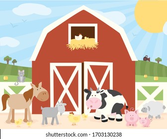 A vector illustration of a cute farm scene of animals in front of a barn in a sunny field