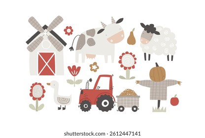 Vector illustration cute farm scene with cow, sheep, goose, red tractor, scarecrow, windmill, flowers, and harvest elements. Perfect for children's decor, farm-themed designs, and nursery prints.  