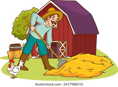 vector illustration of a cute farmer standing in front of his farmhouse.