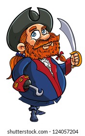 Vector illustration of a cute fat redhead bearded cartoon pirate captain with the stereotypical hook for a hand and brandishing a cutlass isolated on white