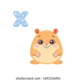 vector illustration of a cute fat round beige hamster with big eyes with russian alphabet letter. Sticker for children learning Russian abc, isolated on white background, eps 10