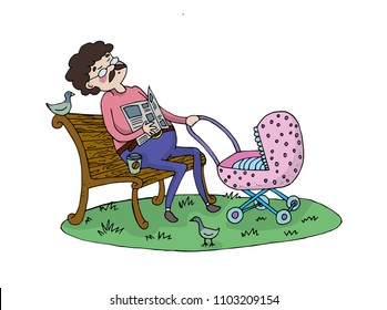 Vector illustration of cute father sleeping on  bench, with a cute pink stroller. Can be used to Father's Day