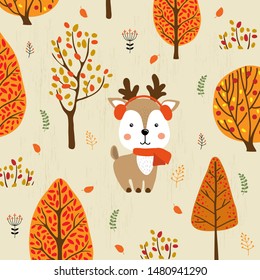 vector illustration of cute fawn in autumn forest, cartoon design