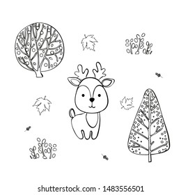 Vector illustration of cute fawn in autumn forest. Linear design for coloring