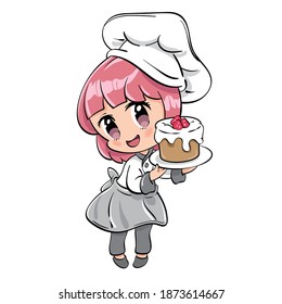 Vector illustration of a cute female bakery or pastry chef presenting raspberry chocolate tart. Drawn in kawaii chibi style.