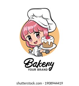 Vector illustration of a cute female bakery or pastry chef presenting raspberry chocolate tart. Can be used as mascot or part of a logo. Drawn in kawaii chibi style. 