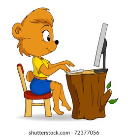 Vector illustration. Cute female cartoon bear typing on computer