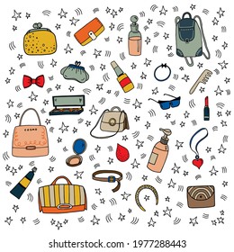 Vector illustration of cute female makeup items, bags and accessories.