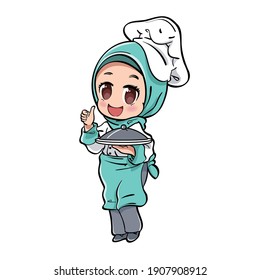 Vector illustration of a cute female muslim chef carrying a serving plate with lid, showing ok thumbs up sign. Drawn in kawaii chibi style. 