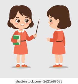 Vector illustration of a cute female teacher character, cartoon style, front and side view, flat colors