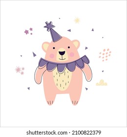 Vector illustration with a cute festive teddy bear on a white isolated background. Ideal for clothing, postcards, posters, children's room decoration and other children's products. Vector illustration