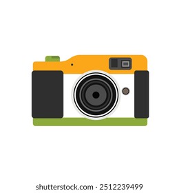 Vector illustration. Cute film retro photo camera. Modern digital device with lens in vintage style. Sticker with contour. Isolated on white background