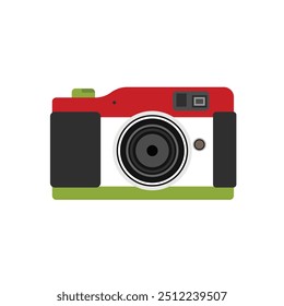 Vector illustration. Cute film retro photo camera. Modern digital device with lens in vintage style. Sticker with contour. Isolated on white background