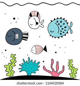 Vector illustration of "cute fish in the ocean". Baby print. Cartoon background.
