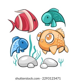 Vector illustration of cute fish underwater in comic cartoon style.