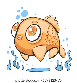 Vector illustration of cute fish underwater in comic cartoon style.