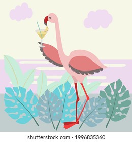 Vector illustration of cute flamingo drinking coctail on sea shore with tropical leaves