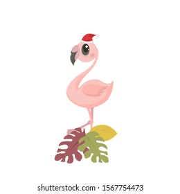 Vector illustration with cute flamingo in hat. Happy Christmas.