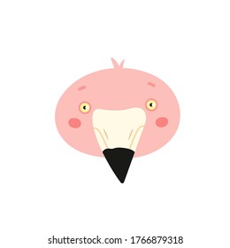 Vector Illustration of a Cute Flamingo Head.Isolated on white background. Cartoon Pink African Bird.For Design, Web, Graphic.Hand drawn Summer Animal with yellow eyes.Exotic Tropic Flamingo's Face.  